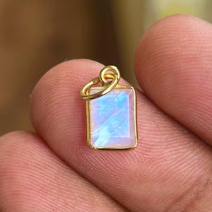 Blue Flash Natural Moonstone Gemstone Charm, Rectangular Moonstone Pendant, Gold Handmade Jewelry, Blue Gem Charm