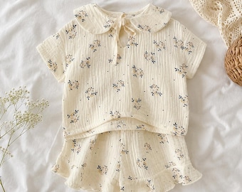 Baby Girl Floral Cotton Outfit | Short Sleeve T-Shirt & Ruffled Shorts
