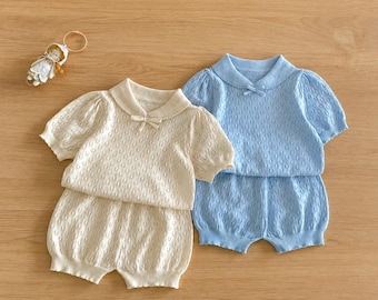 Set met gebreide top voor babymeisjes | Hol gebreide zomeroutfit | Peuterkleding van gekamd katoen