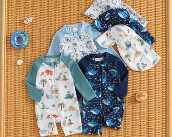 Traje de baño para bebé niño pequeño con estampado de dinosaurio y tiburón, protector contra erupciones cutáneas y gorro.