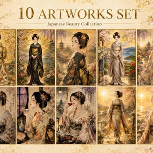 以下が含まれることがあります： 「10 ARTWORKS SET Japanese Beauty Collection」と題された10枚のアートワークセット。伝統的な日本の衣装をまとった人物のイラストが描かれています。各画像には、花柄、五重塔、茶器などが配置された様々なシーンが表現されています。
