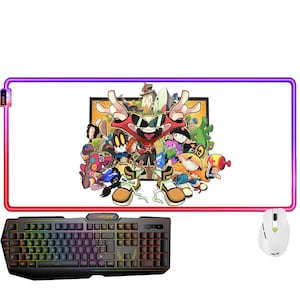 May include: A rectangular desk mat with a white surface and a vibrant, multi-colored LED light strip along the edge. The center features a graphic illustration of five cartoon characters. A black gaming keyboard and a white computer mouse are included.