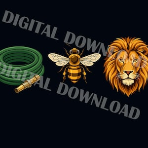 May include: A digital graphic illustration on a black background featuring a coiled green garden hose with a brass nozzle, a yellow and black striped honeybee with spread wings, and a detailed golden-maned lion head facing forward.