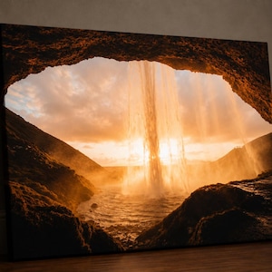 Iceland Waterfall Cave Wall Art: Printable Landscape Photography, Golden Sunset Horizon Nature Decor Gift