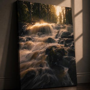 Sunlight River Wall Art: Scenic Waterfall Landscape Poster, Nature Wall Decor, Digital Download