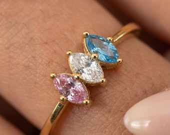 Marquise meerstenen ring, kleurrijke geboortesteenring, drie stenen gouden ring, delicate marquise sieraden, cadeau voor haar, stapelbare ring