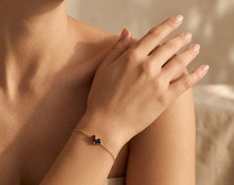 Toi et Moi Bracelet, Custom Birthstone Heart Bracelet, Two Stone Bracelet, Personalized Couples Jewelry Gift for Her