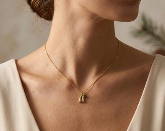Bubble Letter Birthstone Necklace, Personalized Initial Necklace, Custom Box Chain Balloon Necklace Gift for Her