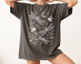 Celestial Dragonfly T-Shirt, Botanical Moon and Bee Graphic Tee, Cottagecore Wildflower Shirt for Women, Witchy Nature Lover Gift for Her