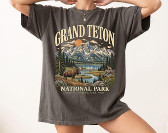 Grand Teton National Park T-Shirt, Vintage Mountain Lake And Moose Graphic Tee, Wyoming Travel Shirt, Hiking And Nature Lover Gift