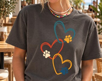 Dog Paw Heart T-Shirt, Colorful Retro Pet Lover Graphic Tee, Abstract Hearts And Paw Prints Shirt, Dog Mom Gift