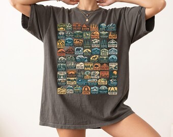 US National Parks T-Shirt, Vintage Landscape Badge Collage Graphic Tee, Hiking and Camping Travel Shirt, Outdoor Nature Lover Gift
