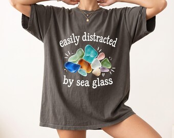 Easily Distracted By Sea Glass T-Shirt, Colorful Beach Glass and Shell Graphic Tee, Beachcomber Shirt, Coastal Collector Gift