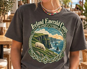 Ireland Emerald Coast T-Shirt, Retro Sheep And Cliffs Graphic Tee, Celtic Coastal Travel Shirt, Irish Vacation Gift