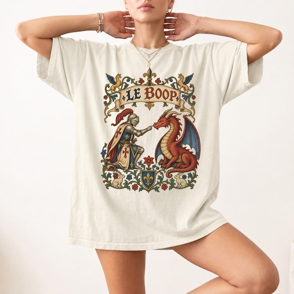 Le Boop Dragon T-Shirt, Funny Medieval Knight Nose Boop Tee, Illuminated Manuscript Art Shirt, Fantasy Renaissance Fair Gift