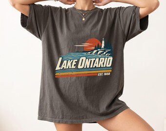 Lake Ontario T-Shirt, Retro Lighthouse Sunset Graphic Tee, Great Lakes Travel Shirt, Vintage Cottage Country Nature Lover Gift