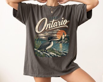 Lake Ontario T-Shirt, Vintage Loon and Lighthouse Graphic Tee, Great Lakes Sunset Shirt, Cottage Country Wildlife Lover Gift
