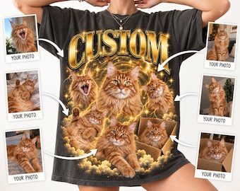 Custom Cat Photo T-Shirt with Name, Personalized 90s Bootleg Tee, Retro Rap Style Pet Portrait, Gift for Cat Mom, Cat Dad Birthday Gift