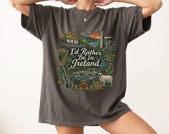 I'd Rather Be In Ireland T-Shirt, Rustic Celtic Harp and Shamrock Graphic Tee, Irish Travel Shirt, Countryside Heritage Gift