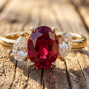 Pode incluir: Um anel de ouro com uma grande pedra preciosa vermelho-escura de corte oval no centro, ladeada por duas pedras brancas transparentes menores de corte em forma de pera. O anel é montado numa banda de ouro polido com três pedras.