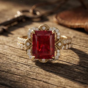 Peut inclure: Une bague en or avec une grande pierre rouge rectangulaire sertie dans un cadre festonné orné de petites pierres blanches. L'anneau est également incrusté de petites pierres blanches, créant un aspect détaillé et superposé sur le métal.
