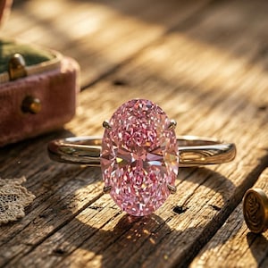 May include: A ring featuring a large, oval-cut pink gemstone set in a polished metal band. The stone is secured by four prongs, showcasing a faceted surface that reflects light. The band is smooth and metallic, centered in the frame.