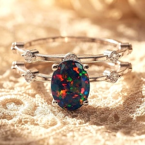 Ovaler Verlobungsring mit schwarzem Opal, Vintage-Cocktailring aus Sterlingsilber
