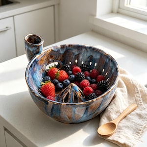 May include: A round, blue and brown glazed ceramic berry bowl with a built-in juicer cone in the center and a small handle on the side. The bowl is filled with fresh strawberries, blueberries, and blackberries, accompanied by a wooden spoon.
