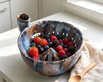 Ceramic Berry Bowl with Vortex Washer, Cobalt Blue Colander, Fruit Rinse Bowl, Kitchen Fruit Strainer, Unique Housewarming Gift for Her