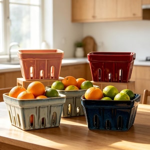 Può includere: Quattro cestini rettangolari in ceramica per frutti di bosco con aperture verticali, caratterizzati da smalti lucidi nei toni del rosa polvere, rosso scuro, azzurro e blu navy, riempiti con un mix di arance e lime verdi.