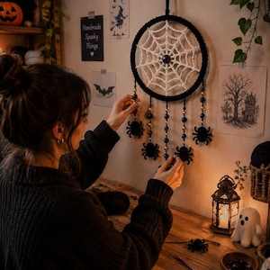 May include: A circular wall hanging featuring a black crocheted hoop with a white spiderweb pattern in the center. A purple bead sits at the web's core. Five dangling strands feature black and gold beads, ending in small black spider charms.