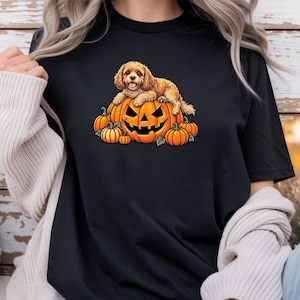 May include: A black t-shirt featuring a graphic illustration of a light brown, curly-haired dog resting on top of a large, carved orange jack-o'-lantern pumpkin, surrounded by several smaller orange pumpkins with green stems and leaves.