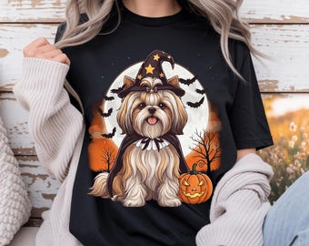 Comfort Colors® Shih Tzu Halloween Costume Sweatshirt, Witch Dog Pumpkin Moon Print