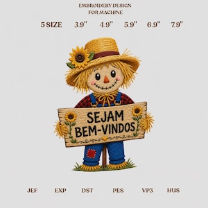 Diseño de bordado Sejam Bem-Vindos, lindo archivo de signo de bienvenida de espantapájaros, descarga digital de otoño de Festa Junina, bordado a máquina PES DST