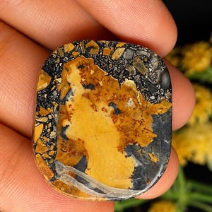 Pode incluir: Uma pedra preciosa cabochão polida de formato retangular arredondado com um padrão complexo de inclusões em amarelo mostarda, cinza carvão e preto. A pedra exibe uma textura brechada com fragmentos incrustados numa matriz escura, criando uma superfície multicolorida de alto contraste com um acabamento liso e reflexivo.