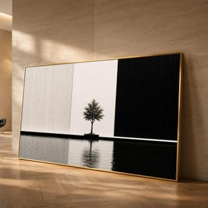 Cuadro minimalista de árbol en lienzo, decoración moderna en blanco y negro, obra de arte de estanque reflectante, decoración geométrica para el hogar, elegante estampado de naturaleza.