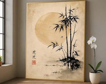 大型-オリジナル-墨絵-竹-白黒-日本画-水墨画-墨-侘び寂び-日本美術