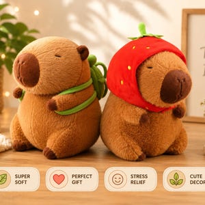Capybara Plush Toy with Turtle Backpack & Strawberry Hat | Kawaii Stuffed Animal Doll - 3 sizes
