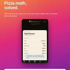 Puede incluir: Una pantalla de smartphone muestra la interfaz de la aplicación Bonsignore Lab con una receta para masa Teglia Romana. La pantalla muestra las medidas de los ingredientes en onzas y temperaturas en Fahrenheit para harina, agua, sal, aceite y levadura.