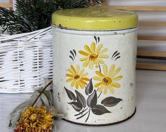 Vintage Metal Canister Tin /  1950's Colorware Yellow Coffee Tin / Countertop Kitchen Storage