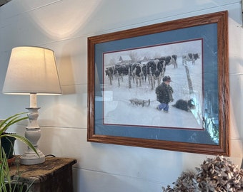 Vintage Framed Snow Print / Curious Onlookers Framed Print / Robert Duncan Artist / Winter Scene / Farm Scene / Country Home Decor