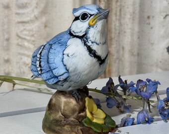 Vintage Andrea by Sadek / Porcelain Blue Jay / Baby Bird Figurine / Spring Decor / Vintage Bird Decoration / Vintage Figurine