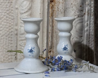 Vintage Pfaltzgraff Blue Rose Pattern Candle Holders / Vintage Candlesticks / Cottage Style / Rose Pattern / Country Home Style