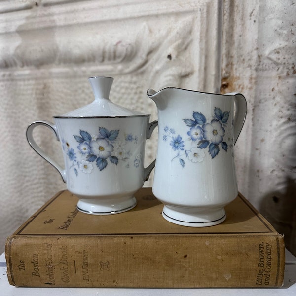 Vintage Sugar Bowl & Creamer Blue Floral Pattern / Danbury by Celebrity Fine China / Cottage Style