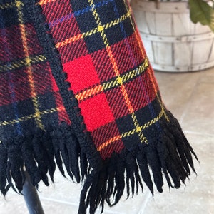 Wool Plaid Blanket WITH Black Fringe / Embroidered Edge Plaid Blanket / Plaid Wool Throw