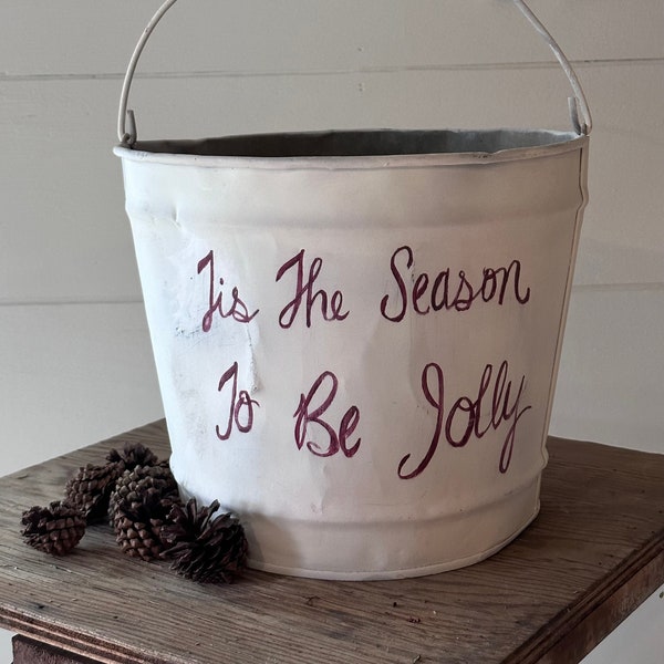 Vintage Galvanized Bucket With Handle / Vintage Hand Painted Pail / Christmas Bucket / Country Christmas