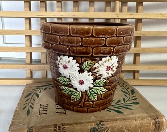 Vintage Basket Weave Planter / Brown Ceramic Flower Pot / Marked Japan / Herb Planter