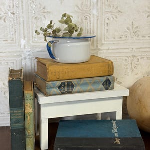May include: A white enamelware pot with a blue rim and handle, holding dried flowers, sits atop vintage books. The books are stacked on a small white wooden stool. Additional books are placed on a wooden surface, creating a rustic, antique aesthetic.