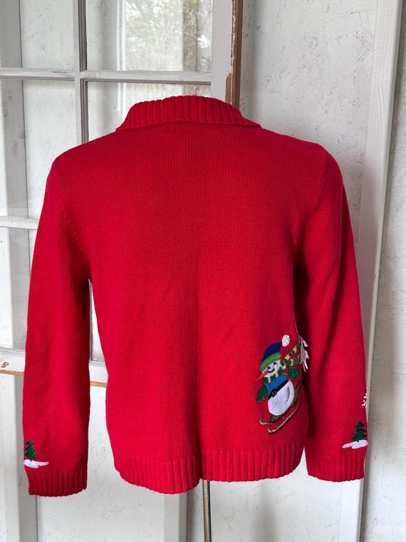 Cardigan De Noël "Ugly Christmas Sweater" Tiara International - Taille L, Rouge à Motifs Bonhommes De Neige, Occasion Bon état