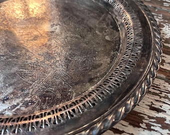 Vintage Silver Plate Serving Tray / Detailed Edge Trim / Roped Design / Etched Silver Plate Tray